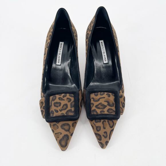 Manolo Blahnik Leopard Calfskin Suede Maysale Buckle Kitten Heel Pumps IT 39 - Picture 5 of 11